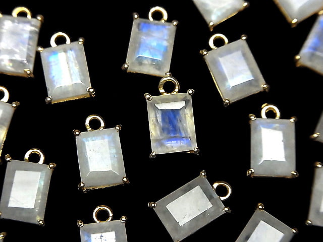 [Video]High Quality Rainbow Moonstone AA++ Bezel Setting Rectangle Faceted 9x7mm 18KGP 2pcs