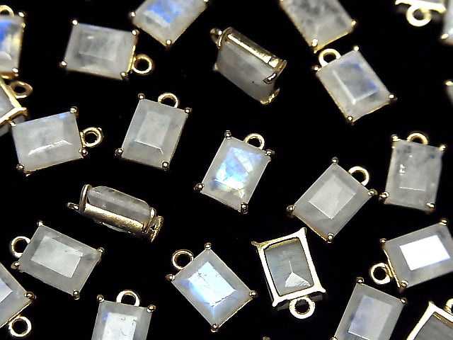[Video]High Quality Rainbow Moonstone AA++ Bezel Setting Rectangle Faceted 9x7mm 18KGP 2pcs