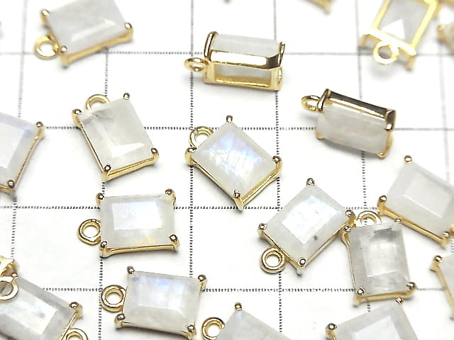 [Video]High Quality Rainbow Moonstone AA++ Bezel Setting Rectangle Faceted 9x7mm 18KGP 2pcs