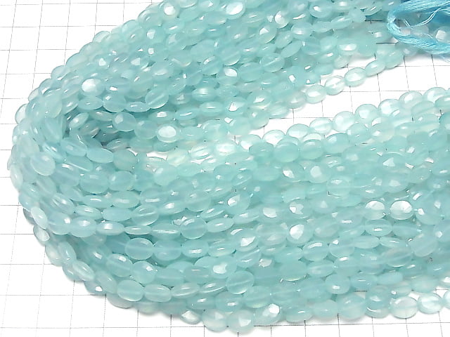[Video] High Quality Sea Blue Chalcedony AAA Faceted Oval 1strand beads (aprx.13inch / 32cm)