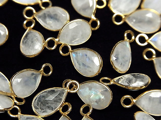 [Video]High Quality Rainbow Moonstone AA++ Bezel Setting Pear shape Faceted 10x7mm 18KGP 3pcs