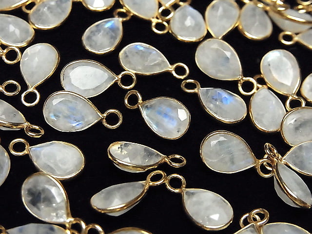[Video]High Quality Rainbow Moonstone AA++ Bezel Setting Pear shape Faceted 10x7mm 18KGP 3pcs
