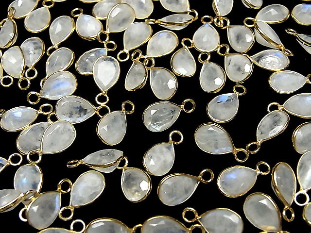 [Video]High Quality Rainbow Moonstone AA++ Bezel Setting Pear shape Faceted 10x7mm 18KGP 3pcs