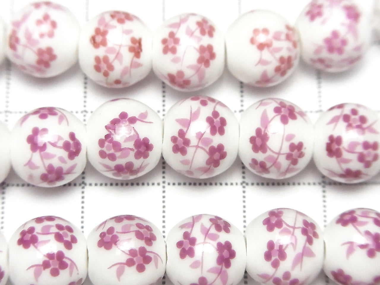 陶瓷珠 圓形 10mm [小花圖案/粉紅色] 1串珠 (約12英寸/30公分)