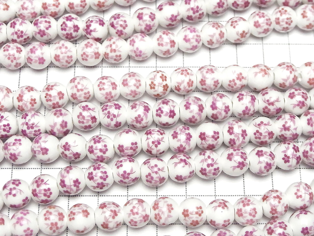 陶瓷珠 圓形 10mm [小花圖案/粉紅色] 1串珠 (約12英寸/30公分)