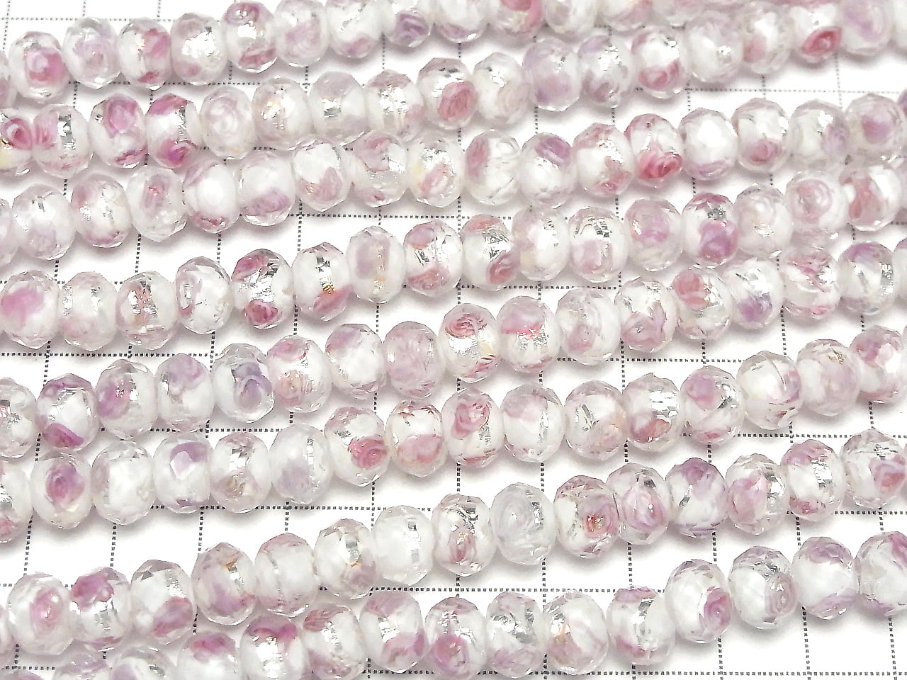 燈工刻面紐扣扁珠 10x10x7mm 玫瑰花圖案 [白x銀] 半串或一串 (約14英吋/34公分)