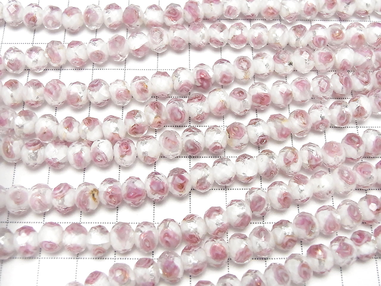 Lampwork-Perlen facettierte Knopf-Rondelle 8x8x6mm mit Rosenmuster [white x silver] halb oder 1Strang Perlen (ca. 28cm / 11inch)