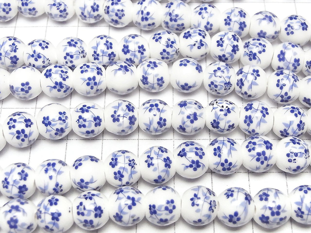 陶瓷珠 圓形 10mm [小花圖案/藍色] 1串珠子 (約12英吋/30公分)