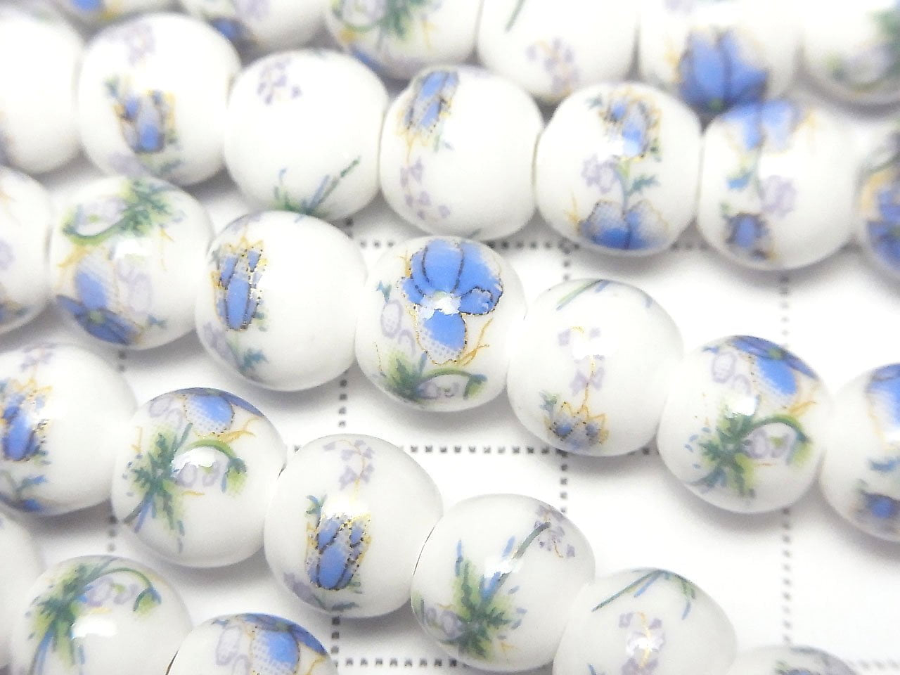 Perles en céramique rondes 8mm [Motif floral/Bleu] 1 fil de perles (env. 30,5cm/29cm)