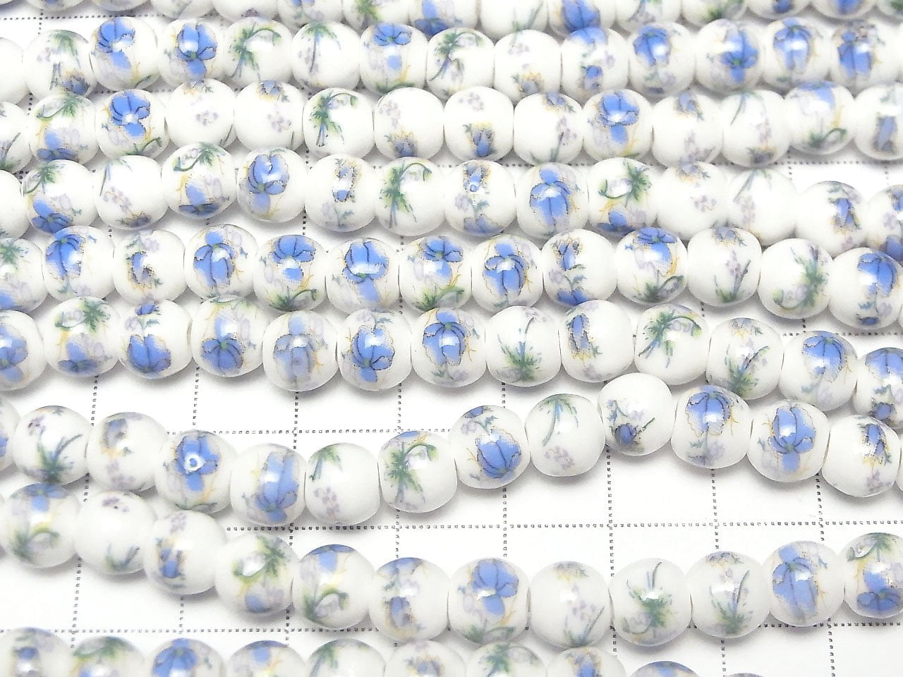 Perles en céramique rondes 8mm [Motif floral/Bleu] 1 fil de perles (env. 30,5cm/29cm)