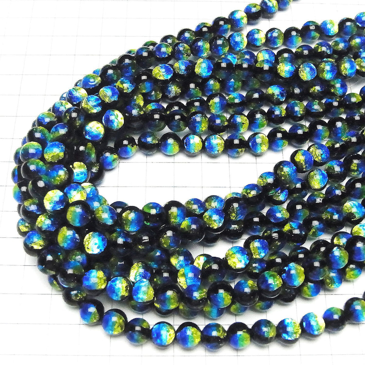 琉璃珠（慶良間海洋）圓珠 8mm [藍 x 黃/夜光型] 1/4 或 1 串珠（約 14 英吋/34 公分）