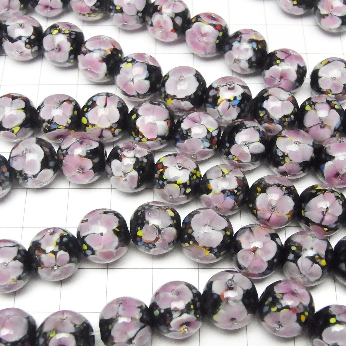 Lampwork Beads Round 12mm [Pink x Flower] 1/4 or 1strand beads (aprx.13inch/32cm)