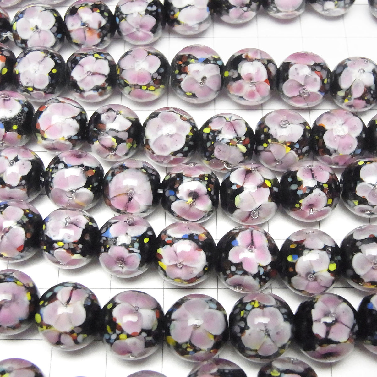 Lampwork Beads Round 12mm [Pink x Flower] 1/4 or 1strand beads (aprx.13inch/32cm)