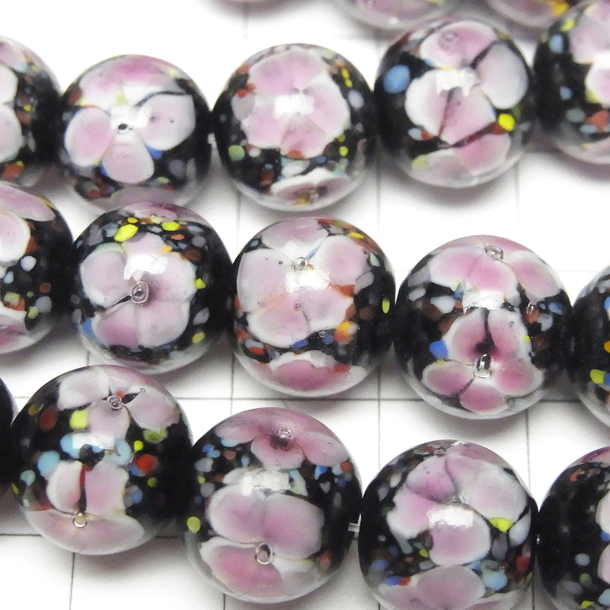 Lampwork Beads Round 12mm [Pink x Flower] 1/4 or 1strand beads (aprx.13inch/32cm)