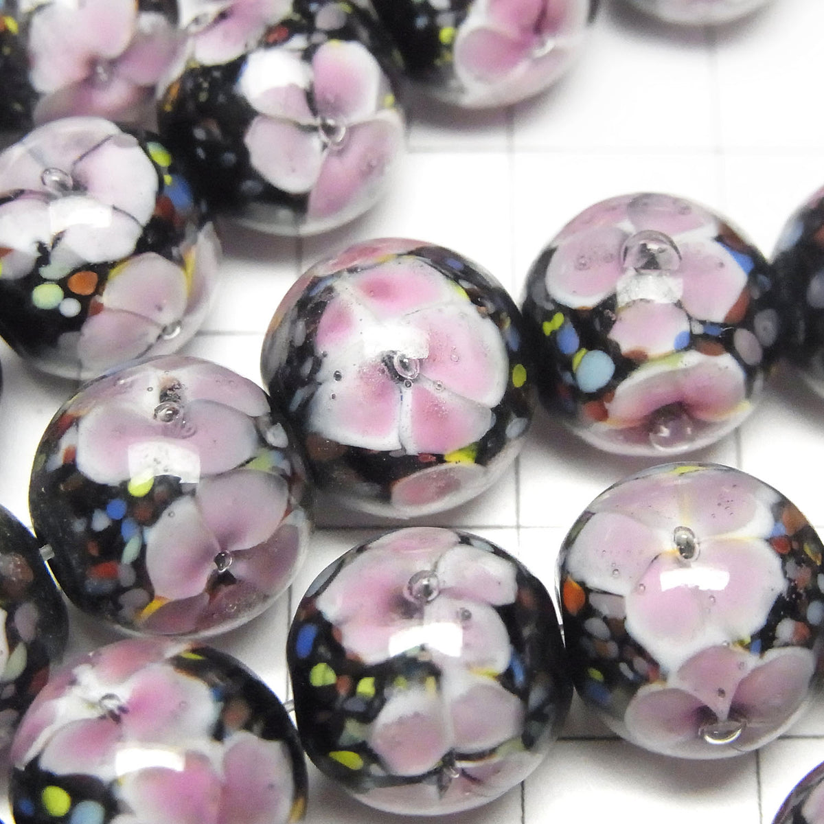 Lampwork Beads Round 12mm [Pink x Flower] 1/4 or 1strand beads (aprx.13inch/32cm)