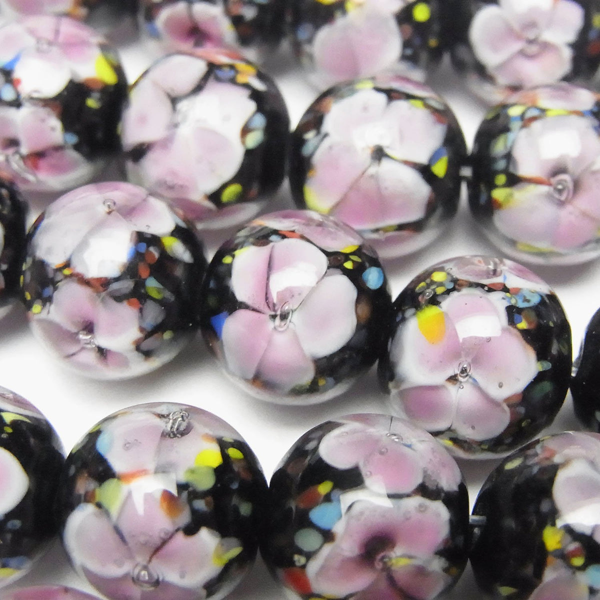 Lampwork Beads Round 12mm [Pink x Flower] 1/4 or 1strand beads (aprx.13inch/32cm)