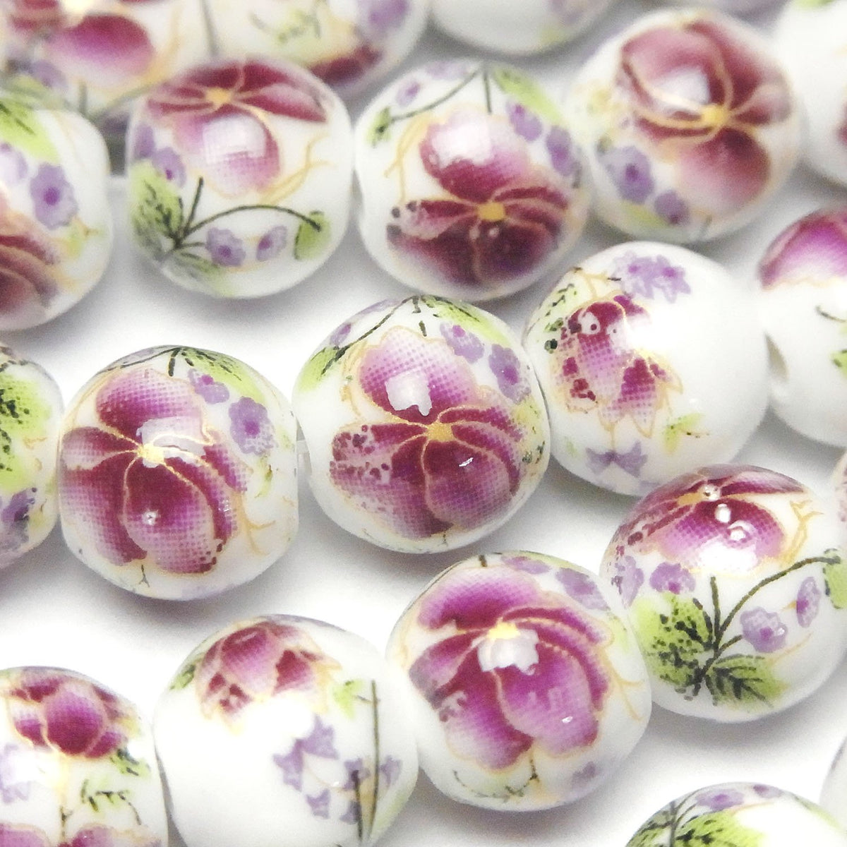 Perles en céramique rondes 10 mm [Motif floral/Violet] 1 fil de perles (environ 30 cm)