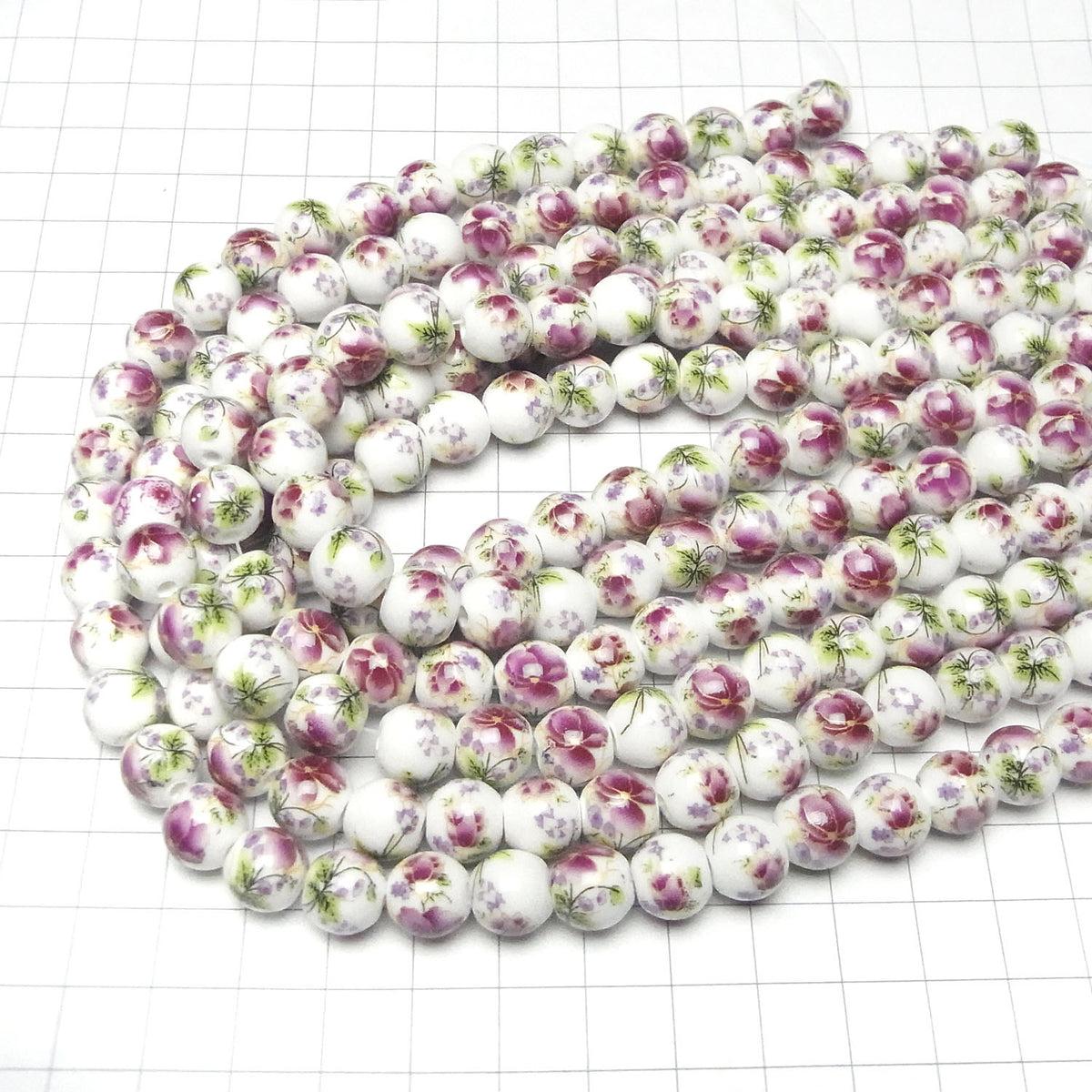 Ceramic beads Round 10mm [Floral pattern/Purple] 1strand beads (aprx.12inch/30cm)