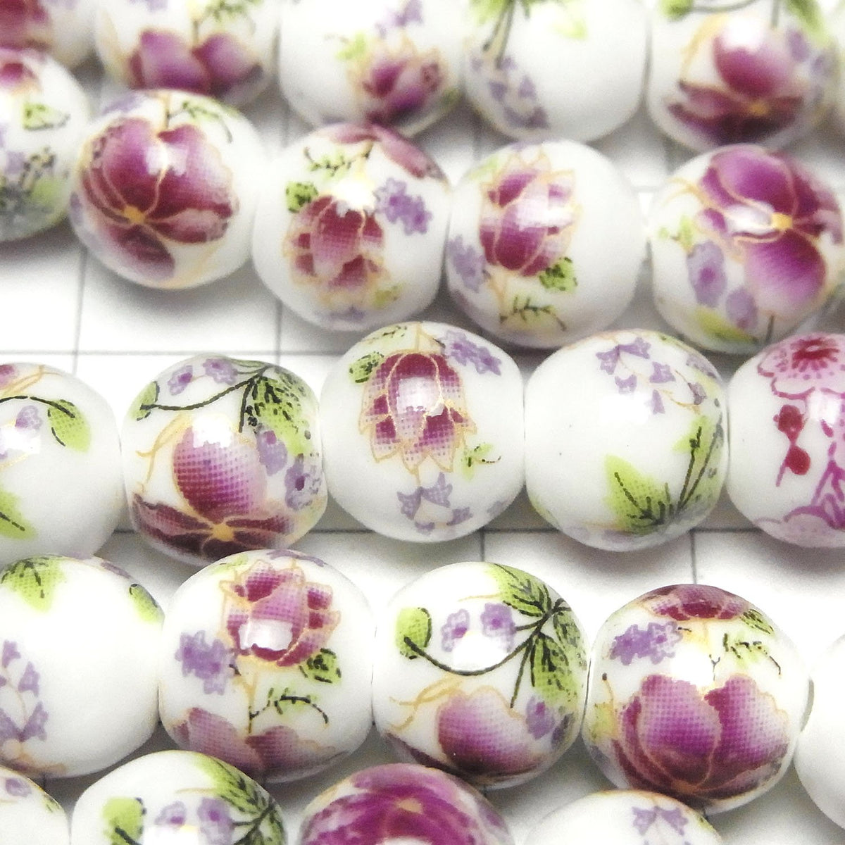 Ceramic beads Round 10mm [Floral pattern/Purple] 1strand beads (aprx.12inch/30cm)