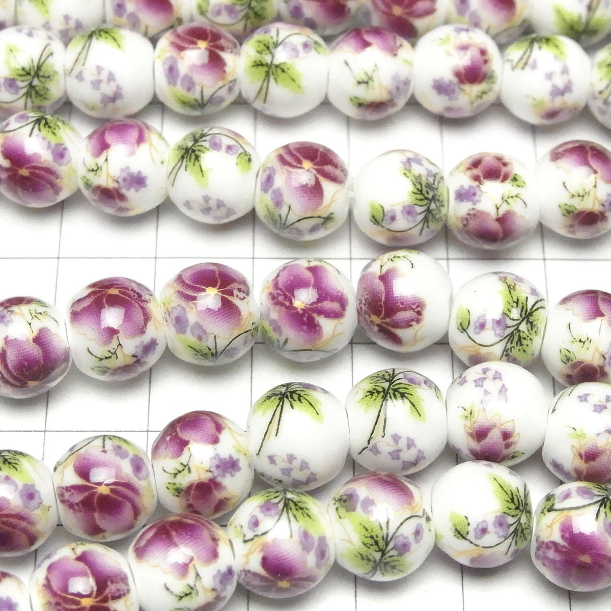 Ceramic beads Round 10mm [Floral pattern/Purple] 1strand beads (aprx.12inch/30cm)