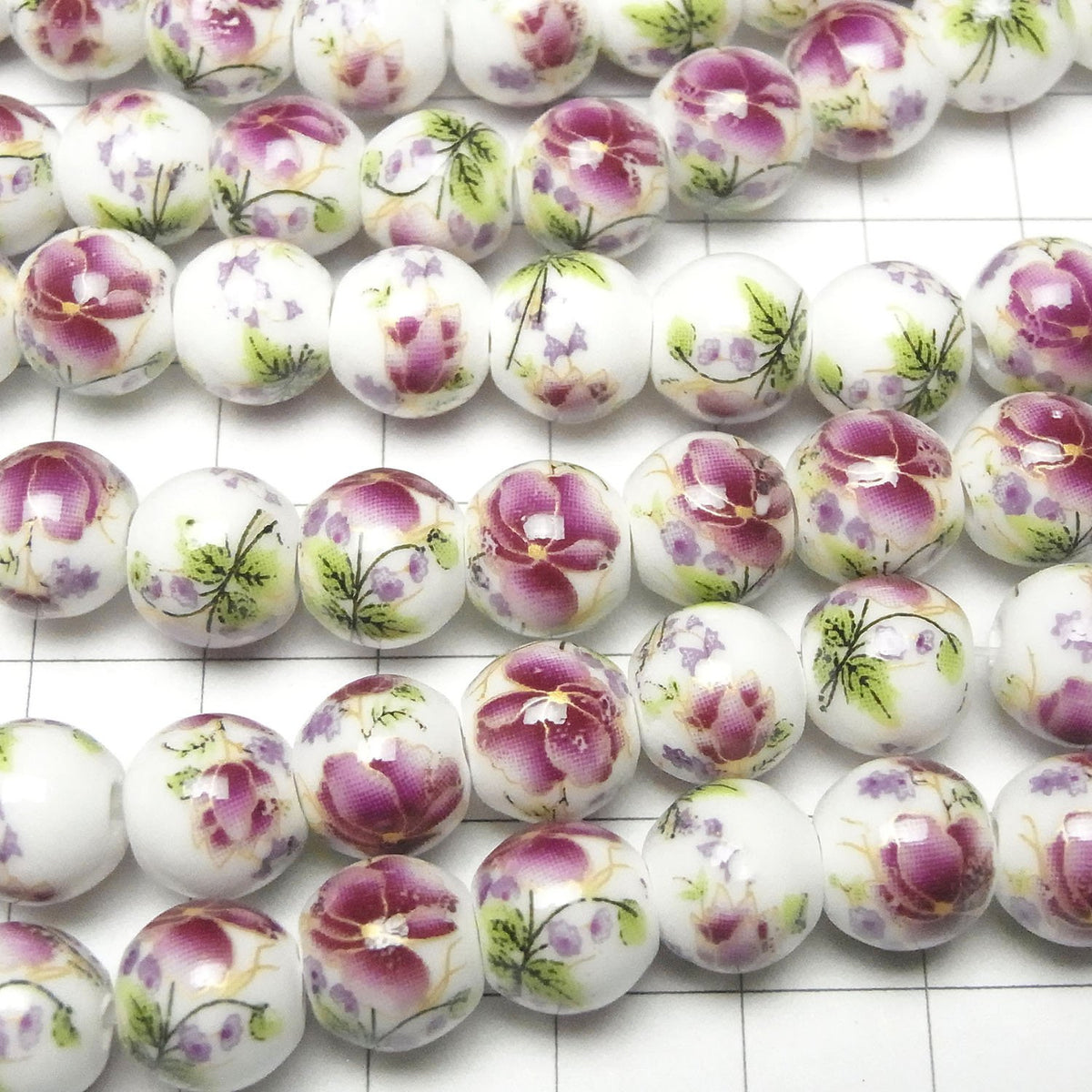 Ceramic beads Round 10mm [Floral pattern/Purple] 1strand beads (aprx.12inch/30cm)