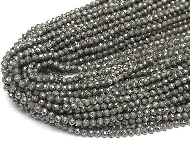 [Video] High Quality!  Pyrite AAA- 32Faceted Round 4mm 1strand beads (aprx.15inch/38cm)