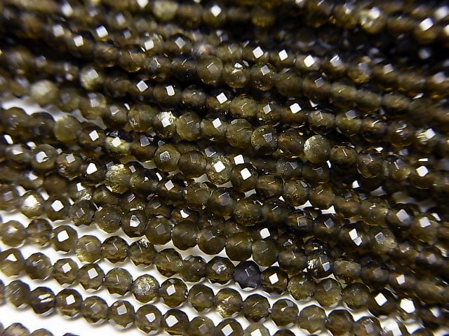 [Video] High Quality! Golden Sheen Obsidian AAA Faceted Round 2mm 1strand beads (aprx.15inch / 37cm)