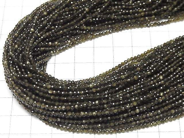 [Video] High Quality! Golden Sheen Obsidian AAA Faceted Round 2mm 1strand beads (aprx.15inch / 37cm)