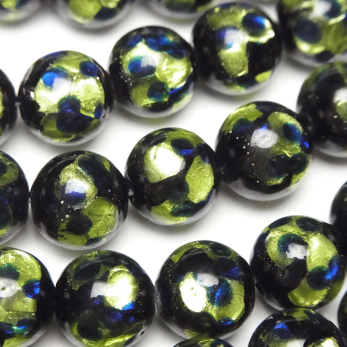 Perles Lampwork Rondes 10mm [Vert clair x Bleu] 1/4 ou 1 fil de perles (env. 36cm)