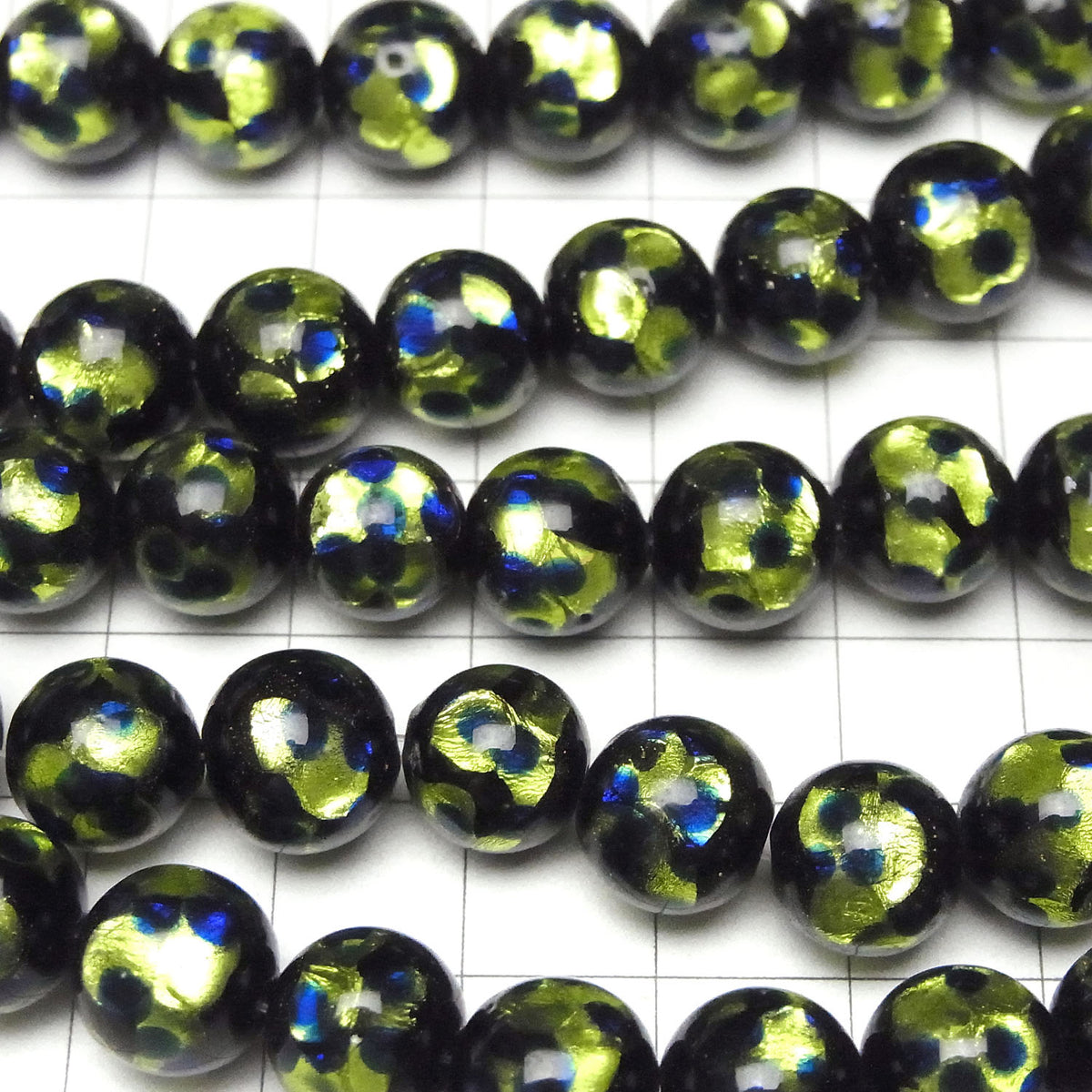 Perles Lampwork Rondes 10mm [Vert clair x Bleu] 1/4 ou 1 fil de perles (env. 36cm)