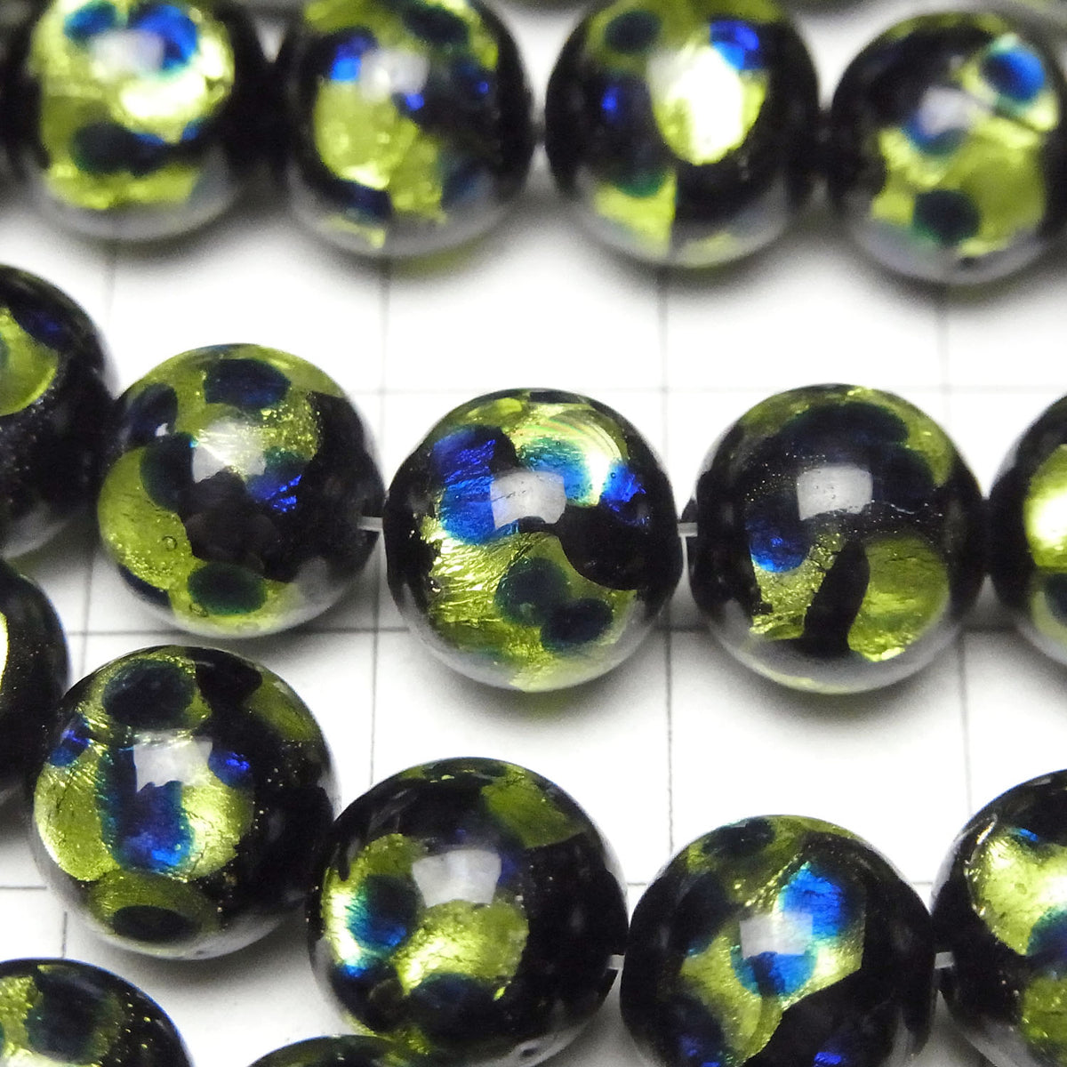 Perles Lampwork Rondes 10mm [Vert clair x Bleu] 1/4 ou 1 fil de perles (env. 36cm)