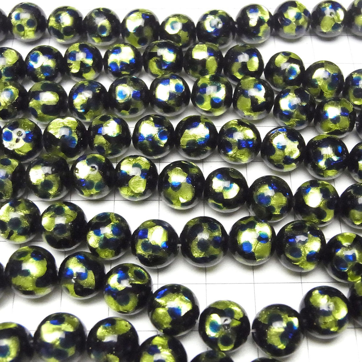 Perles Lampwork Rondes 10mm [Vert clair x Bleu] 1/4 ou 1 fil de perles (env. 36cm)