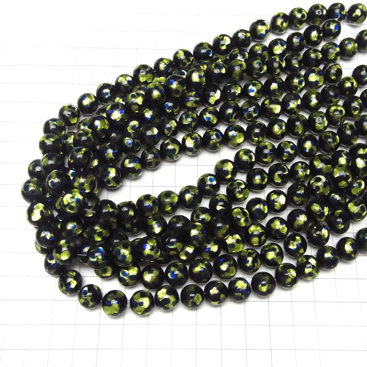 Perles Lampwork Rondes 10mm [Vert clair x Bleu] 1/4 ou 1 fil de perles (env. 36cm)