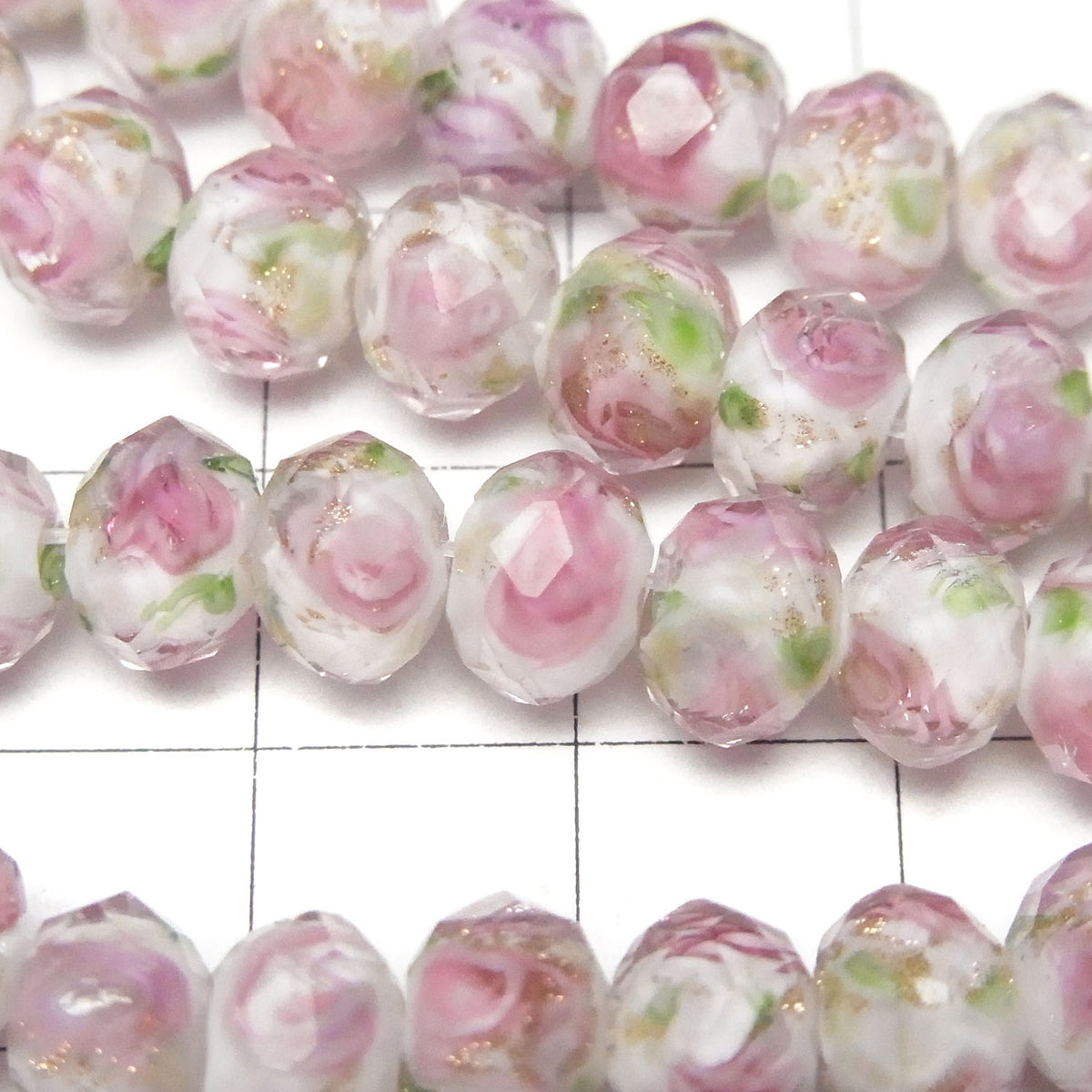Lampwork-Perlen facettierte Knopf-Rondelle 8x8x6mm Rosenmuster [Pink] halb oder 1strang Perlen (ca. 28 cm)