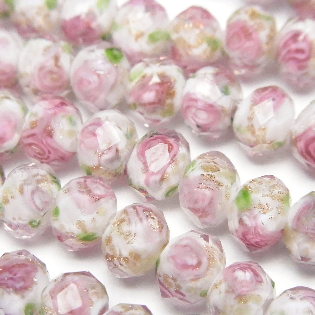 Lampwork-Perlen facettierte Knopf-Rondelle 8x8x6mm Rosenmuster [Pink] halb oder 1strang Perlen (ca. 28 cm)