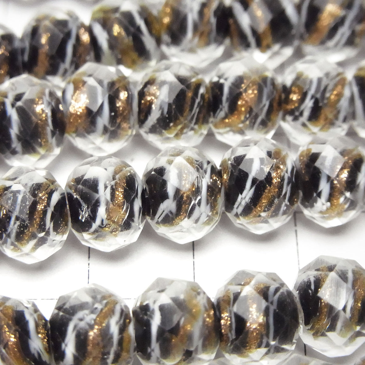 Lampwork Beads Faceted Button Rondelle 10x10x7mm Gold & White Line Carved [Black] Half or 1-strand beads (approx. 15inch/36cm)