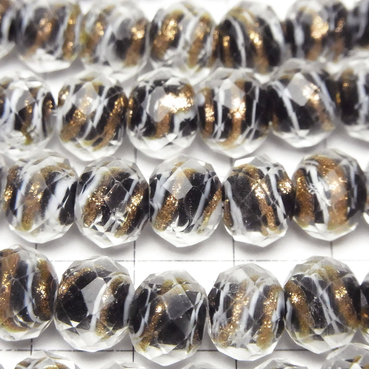 Lampwork Beads Faceted Button Rondelle 10x10x7mm Gold & White Line Carved [Black] Half or 1-strand beads (approx. 15inch/36cm)