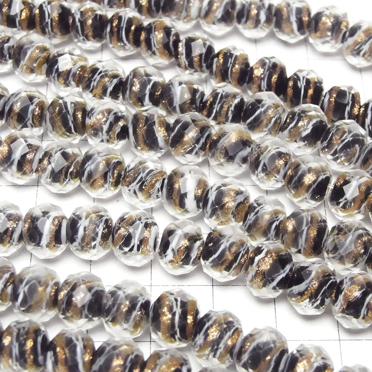 Lampwork Beads Faceted Button Rondelle 10x10x7mm Gold & White Line Carved [Black] Half or 1-strand beads (approx. 15inch/36cm)