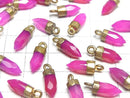 [Video]High Quality Fuchsia Pink Chalcedony AAA- Faceted Point Charm 12x5x5mm Gold Color 2pcs
