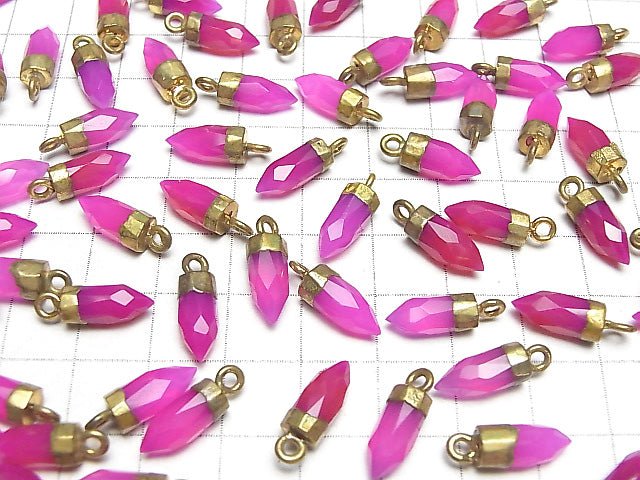 [Video]High Quality Fuchsia Pink Chalcedony AAA- Faceted Point Charm 12x5x5mm Gold Color 2pcs