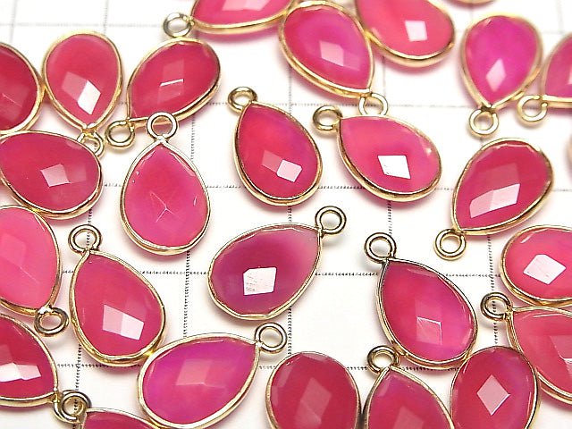 [Video]High Quality Fuchsia Pink Chalcedony AAA Bezel Setting Faceted Pear Shape 13x9mm 18KGP 2pcs