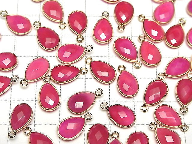 [Video]High Quality Fuchsia Pink Chalcedony AAA Bezel Setting Faceted Pear Shape 13x9mm 18KGP 2pcs