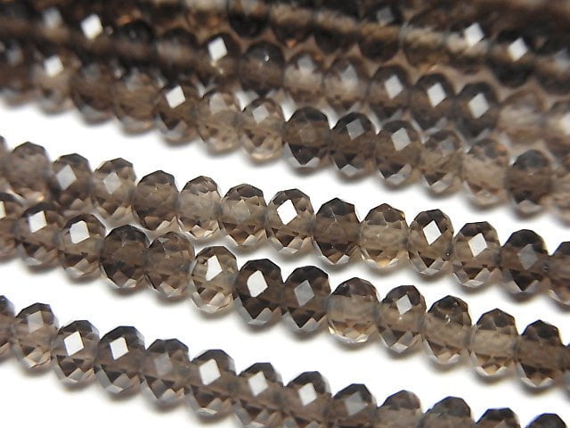 [Video] High Quality!  Smoky Quartz AAA Faceted Button Rondelle 4x4x3mm 1strand beads (aprx.15inch/38cm)