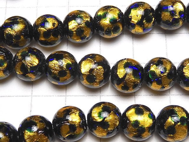 Lampwork Beads Round 10mm [Yellow x Blue] 1/4 or 1strand beads (aprx.15inch/36cm)