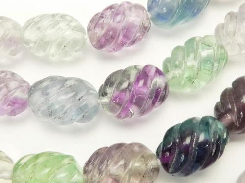 Multicolor Fluorite AAA - Engraved Rice 15 x 10 x 10 mm half or 1 strand (aprx.15 inch / 38 cm)