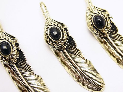 Feather Pendant with Brass Onyx 46x11x8mm 1pc