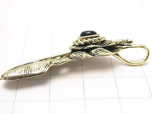 Feather Pendant with Brass Onyx 46x11x8mm 1pc