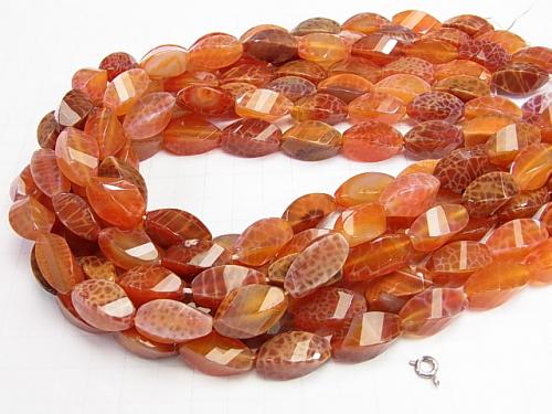 Fire Agate Rice 4 Faceted Twist x Multiple Facets 20 x 9 x 9 mm half or 1 strand (aprx. 14 inch / 35 cm)