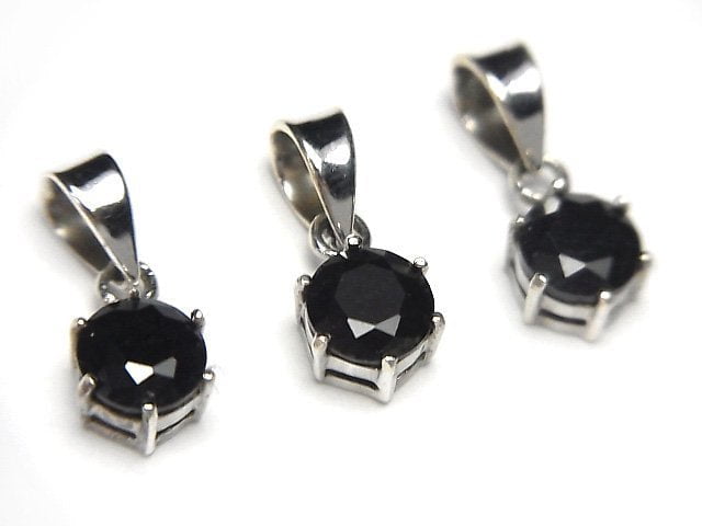 High Quality Black Sapphire AAA Round Faceted Pendant 7x6x4mm Silver925