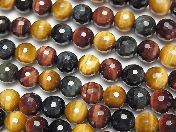 [Video]Tiger's Eye AAA 3 color mix 128Faceted Round 6mm 1strand beads (aprx.15inch/38cm)
